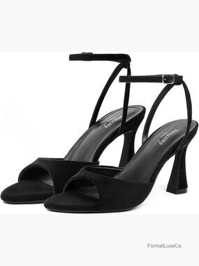 Black Suede Heeled Sandals Pointed Toe Ankle Strap Kitten Heels Wedding Party